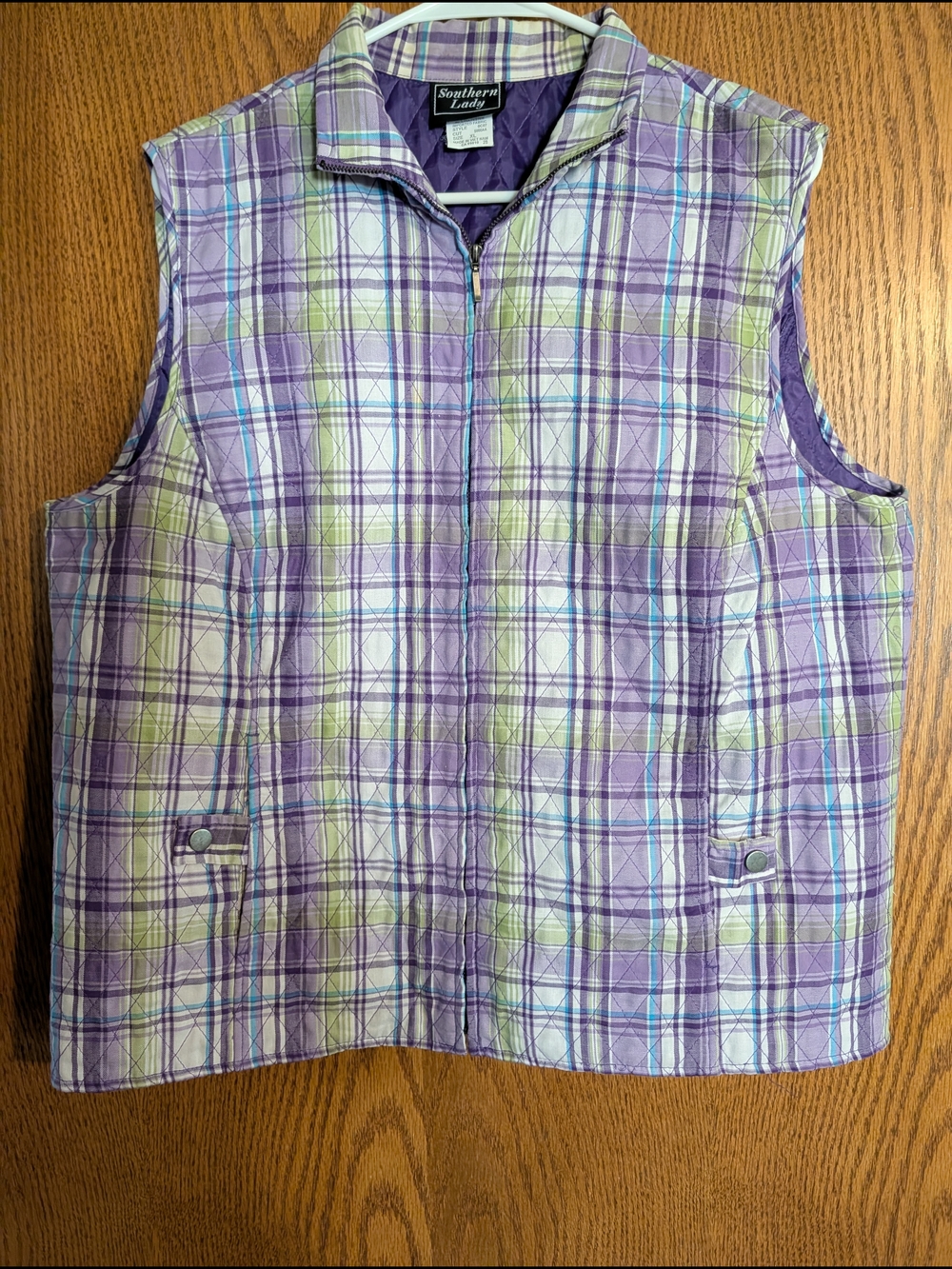 Southern Lady Plaid Quilted Vest in Purple, Green, White